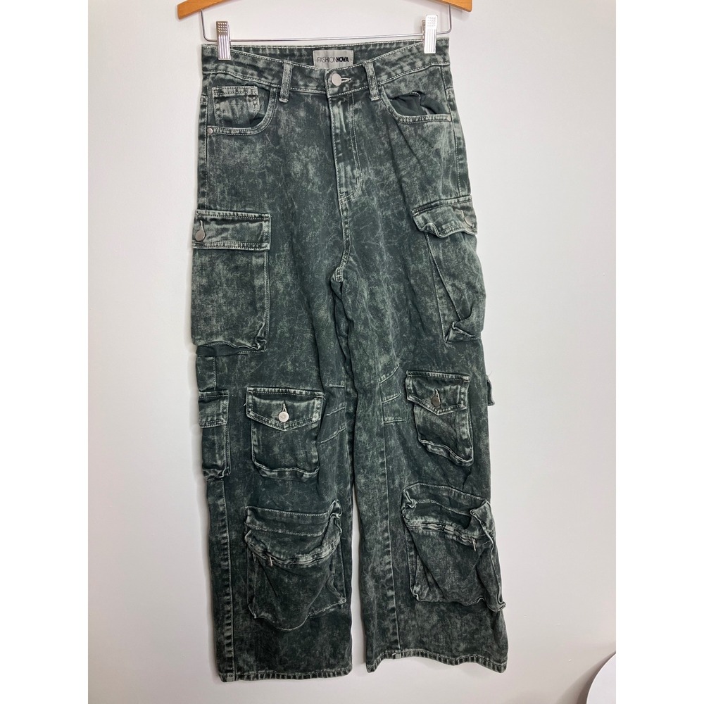 Fashion Nova Cargo Pants Women 7 Green Excellent Acid Wash Multi Pocket Denim